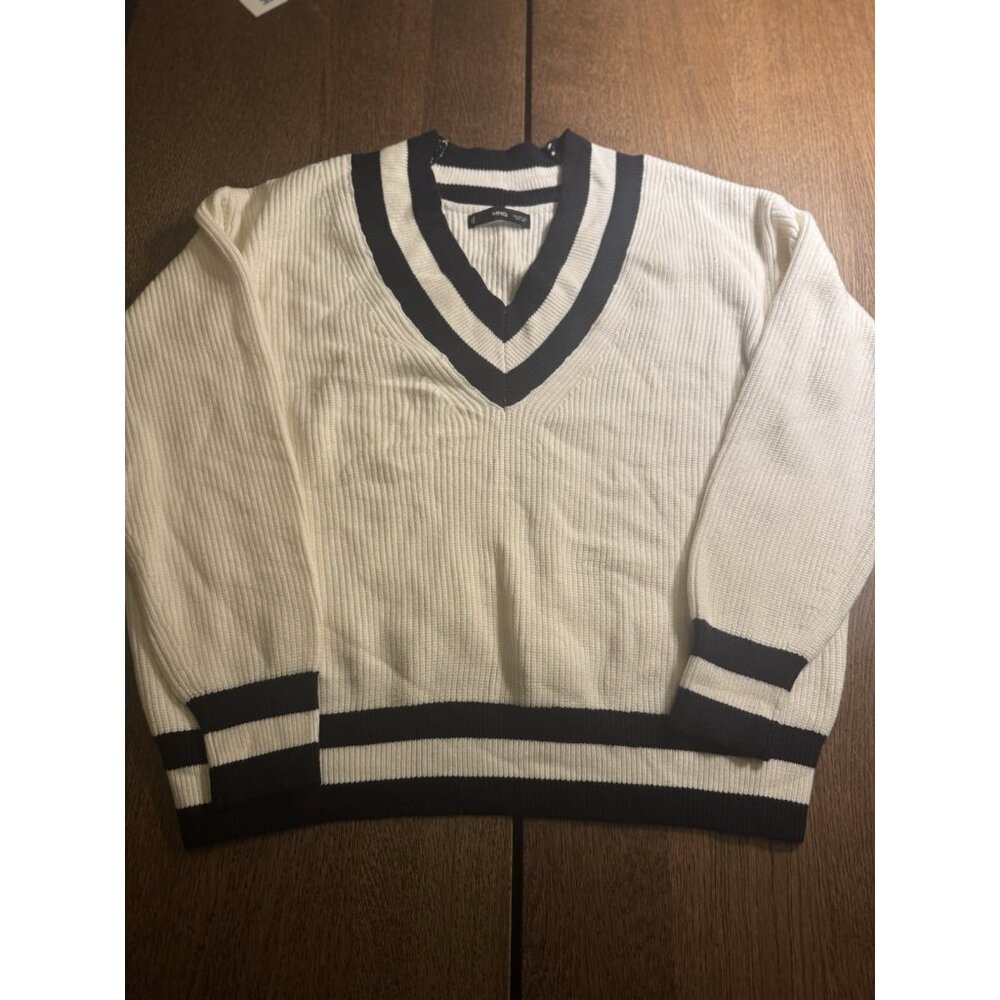 Mango MNG Varsity Sweater Women’s XL Navy V-Neck Rib  Knit Preppy Tennis NWOT